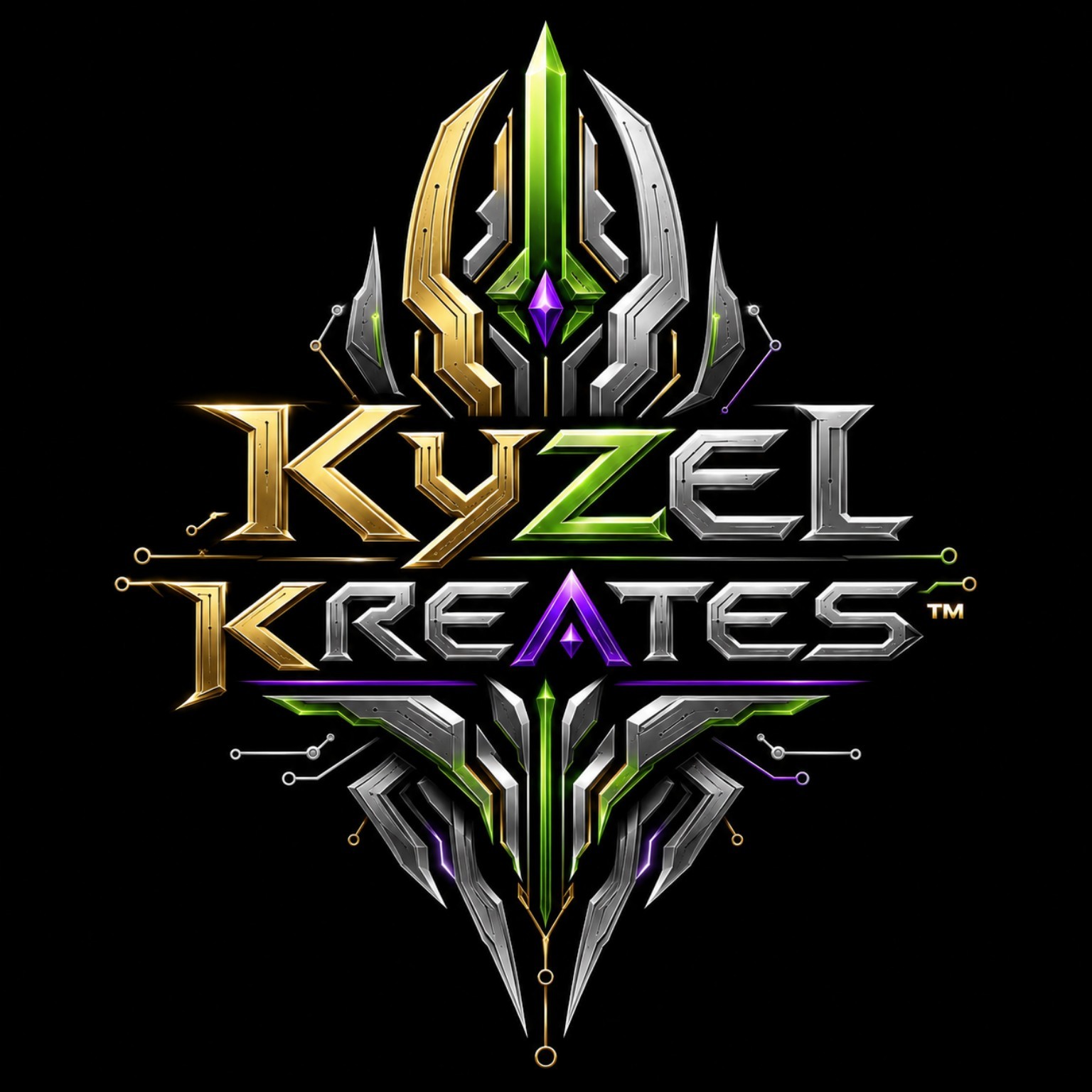 Kyzel Kreates™ logo in metallic gold, silver, green and purple on a dark background