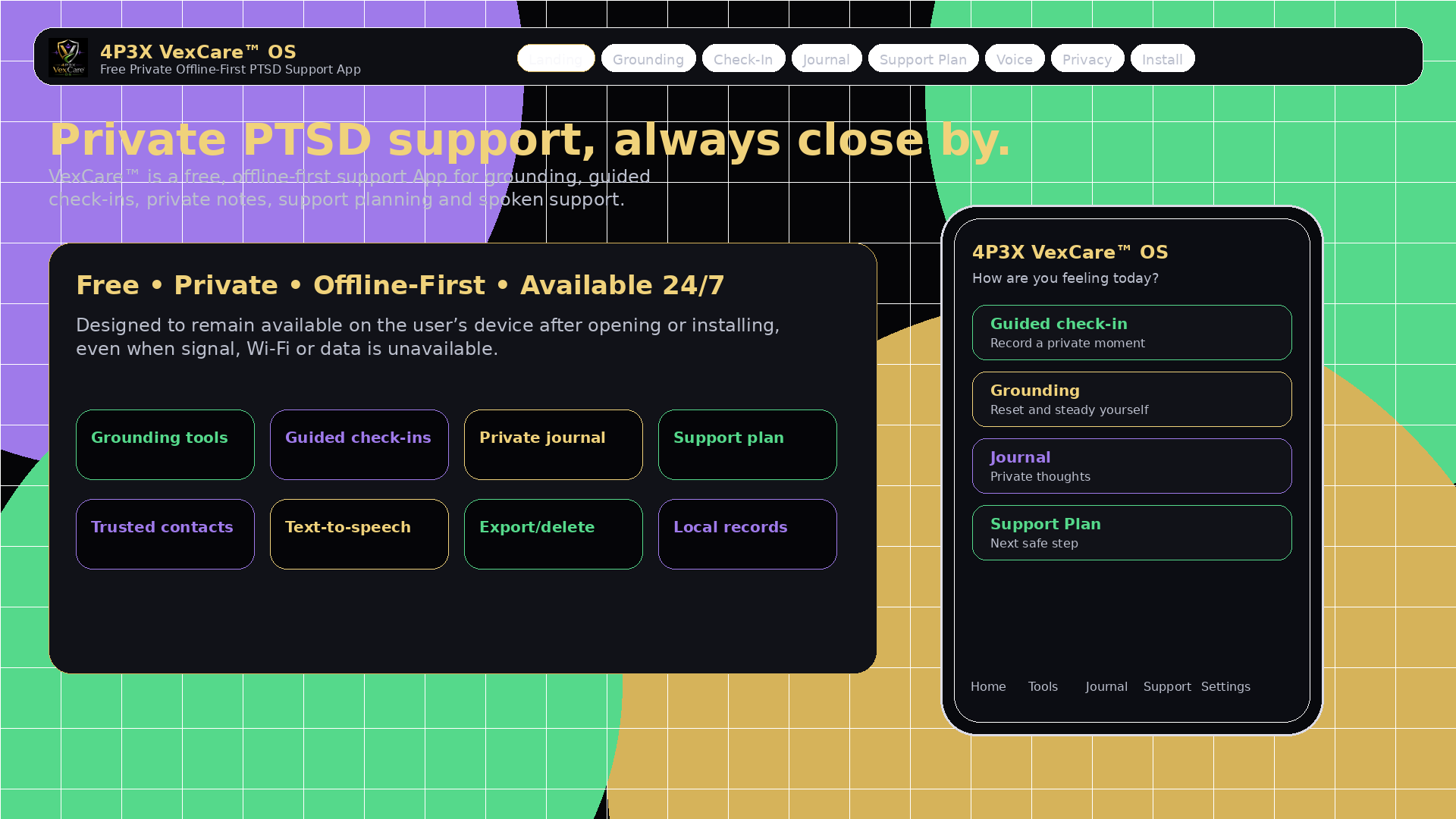 4P3X VexCare OS landing overview showing free private offline-first support App features and mobile preview.